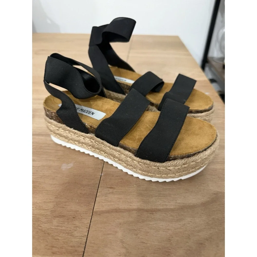 Steve‎ Madden Black Elastic Strap Espadrille Platform Sandals Girls Kids Size 5